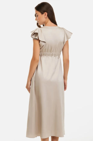 Beżowa satynowa sukienka ciążowa i do karmienia z falbanami