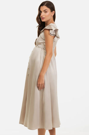Beżowa satynowa sukienka ciążowa i do karmienia z falbanami