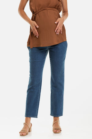 Elastyczne niebieskie dżinsy ciążowe