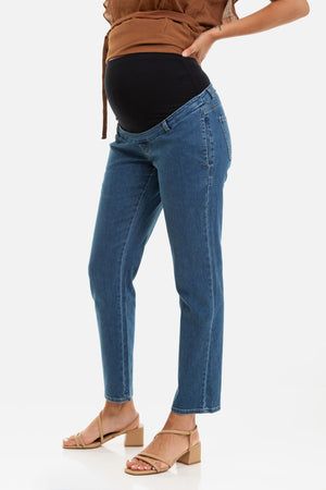 Elastyczne niebieskie dżinsy ciążowe