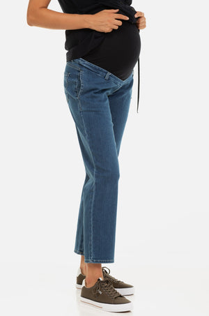 Elastyczne niebieskie dżinsy ciążowe