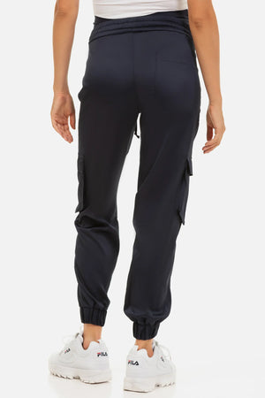 Satynowe spodnie cargo ciążowe – granatowe