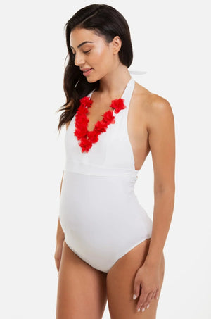 Biały jednoczęściowy strój kąpielowy ciążowy z szifonowymi kwiatami