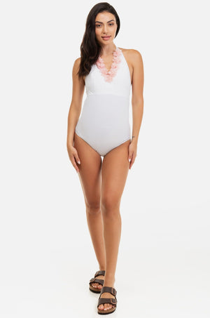 Biały jednoczęściowy strój kąpielowy ciążowy z szifonowymi kwiatami