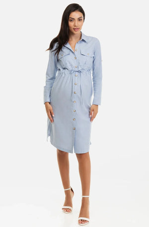 Bawełniana sukienka koszulowa ciążowa i do karmienia - jasnoniebieska