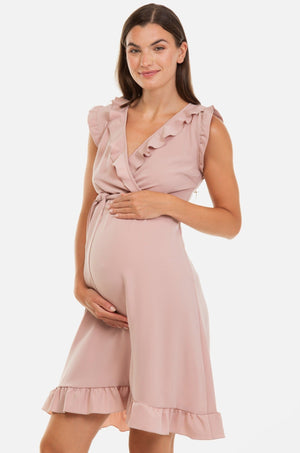 Sukienka z falbanami ciążowa i do karmienia – pudrowy róż