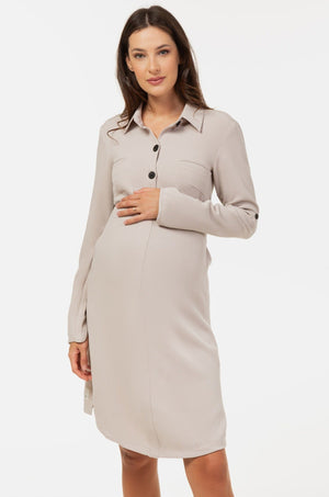 Sukienka koszulowa ciążowa i do karmienia z fakturowanego materiału – jasnobeżowaszara