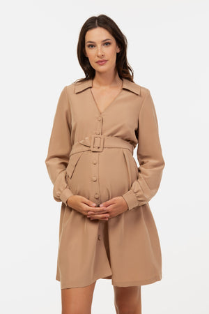 Sukienka ciążowa i do karmienia z kołnierzykiem – beżowa