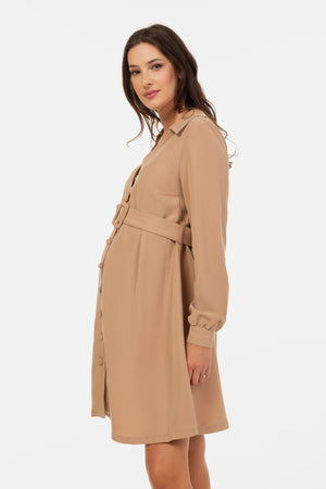 Sukienka ciążowa i do karmienia z kołnierzykiem – beżowa