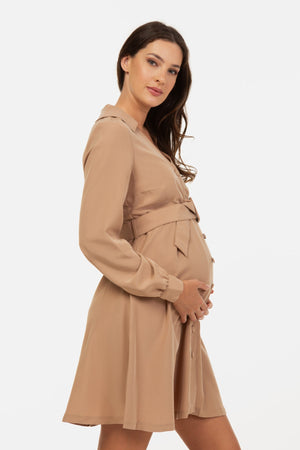 Sukienka ciążowa i do karmienia z kołnierzykiem – beżowa