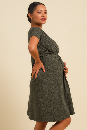 Bawełniana sukienka ciążowa z węzłem – ciemnozielona