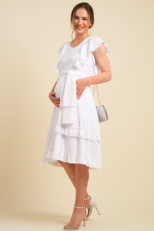 Elegancka biała sukienka ciążowa i do karmienia w kropki