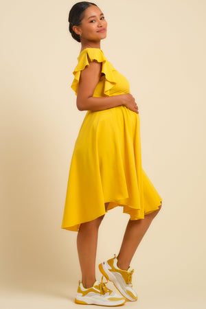 Żółta zwiewna sukienka ciążowa i do karmienia