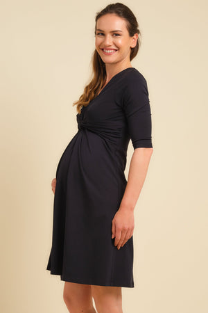 Bawełniana, granatowa sukienka ciążowa z węzłem