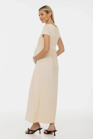 Sukienka ciążowa i do karmienia z ozdobnym paskiem – szampański