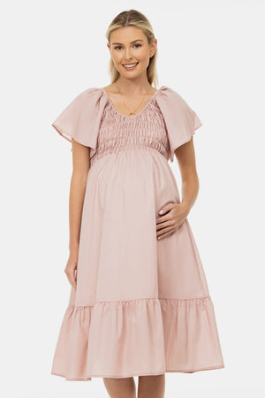 Bawełniana letnia sukienka ciążowa z marszczeniami – pudrowy róż