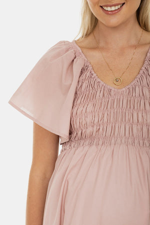 Bawełniana letnia sukienka ciążowa z marszczeniami – pudrowy róż