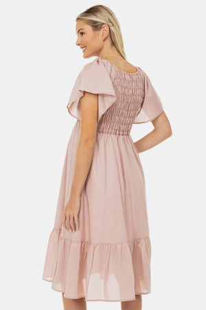 Bawełniana letnia sukienka ciążowa z marszczeniami – pudrowy róż