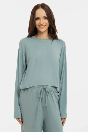 Miękki crop top ciążowy z długim rękawem z modalu – szałwia
