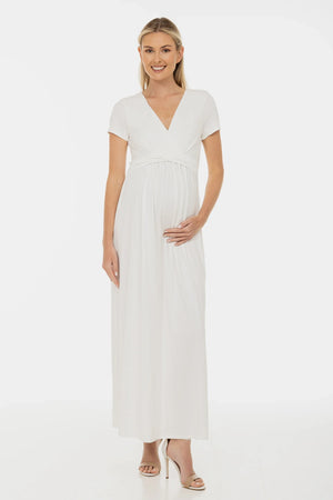 Ciążowa suknia ślubna z dekoracyjnym paskiem – ecru