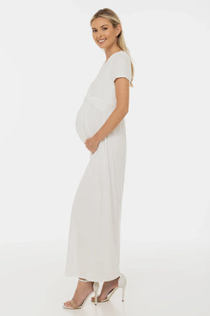 Ciążowa suknia ślubna z dekoracyjnym paskiem – ecru