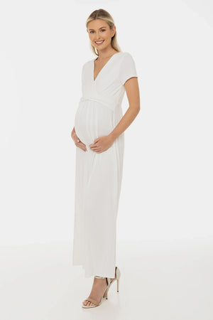 Ciążowa suknia ślubna z dekoracyjnym paskiem – ecru