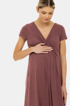 Sukienka ciążowa i do karmienia z dekoracyjnym paskiem – przydymionego różu