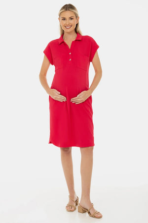 Sukienka koszulowa ciążowa z kołnierzykiem i kieszeniami – fuksjowa