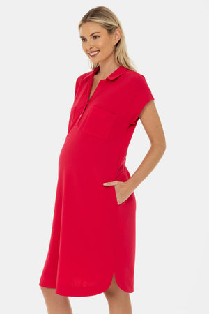 Sukienka koszulowa ciążowa z kołnierzykiem i kieszeniami – fuksjowa