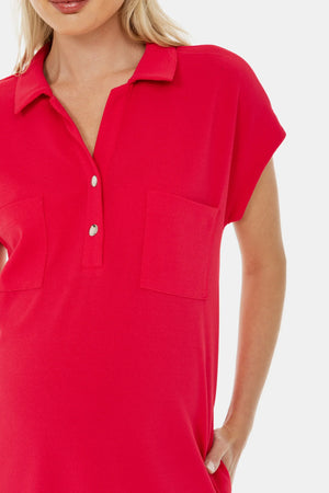 Sukienka koszulowa ciążowa z kołnierzykiem i kieszeniami – fuksjowa