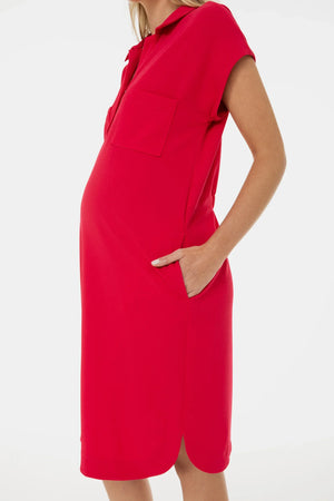 Sukienka koszulowa ciążowa z kołnierzykiem i kieszeniami – fuksjowa