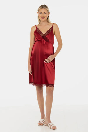 Satynowa koszula nocna ciążowa i do karmienia z koronką - bordowa