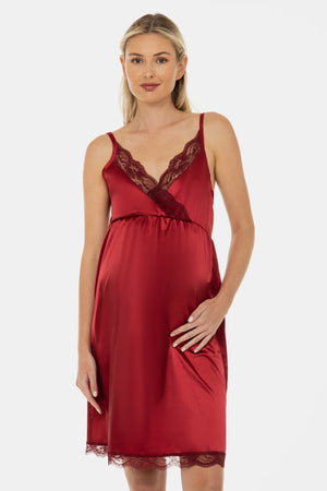 Satynowa koszula nocna ciążowa i do karmienia z koronką - bordowa