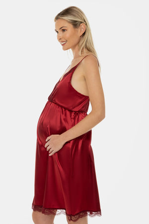 Satynowa koszula nocna ciążowa i do karmienia z koronką - bordowa