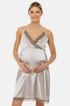 Satynowa koszula nocna ciążowa i do karmienia – srebrna