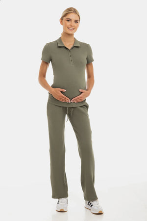 Prążkowana bawełniana bluzka ciążowa i do karmienia - khaki