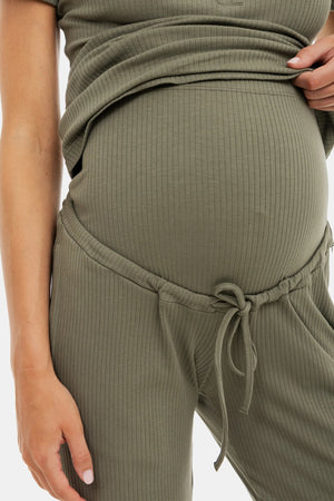 Prążkowane spodnie ciążowe – khaki