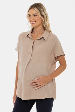 Bawełniana bluzka ciążowa i do karmienia – beżowa