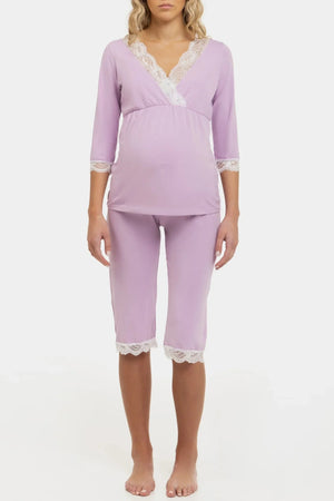 Bawełniana różowa piżama ciążowa i do karmienia z koronką