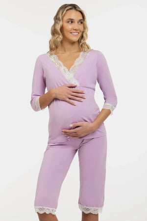 Bawełniana różowa piżama ciążowa i do karmienia z koronką