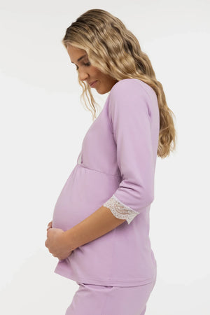 Bawełniana różowa piżama ciążowa i do karmienia z koronką