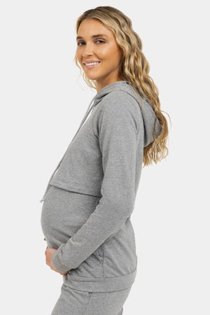 Bawełniany sweatshirt ciążowy i do karmienia z kapturem - szary