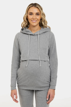 Bawełniany sweatshirt ciążowy i do karmienia z kapturem - szary