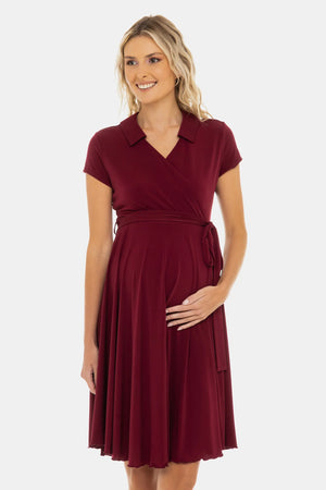 Zwiewna sukienka ciążowa i do karmienia kopertowa – bordowa