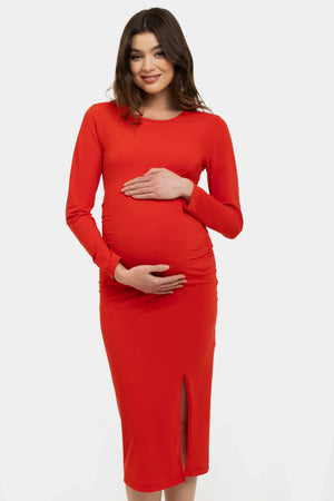 Długa sukienka ciążowa z rozcięciem - czerwona