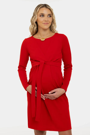 Sukienka ciążowa i do karmienia z paskiem – czerwona