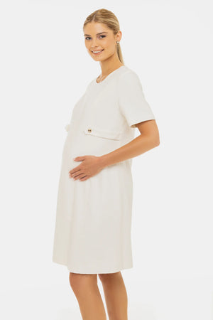 Sukienka ciążowa z tkaniny boucle z eleganckimi złotymi detalami