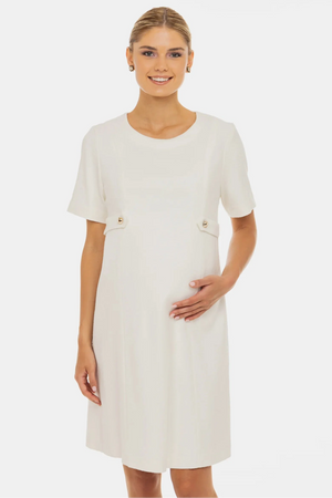 Sukienka ciążowa z tkaniny boucle z eleganckimi złotymi detalami