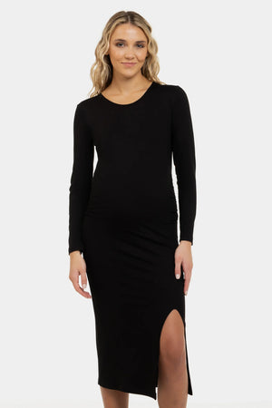 Długa sukienka ciążowa z rozcięciem - czarna