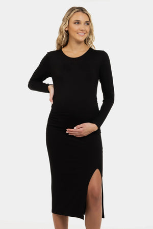 Długa sukienka ciążowa z rozcięciem - czarna